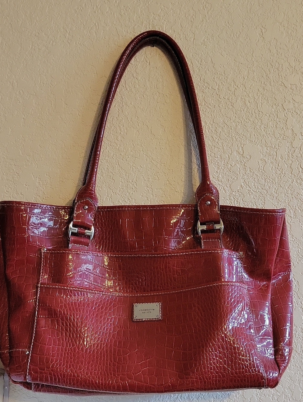 Liz Claiborne Croc-Embossed Red Patent Tote Bag with Front Pocket
